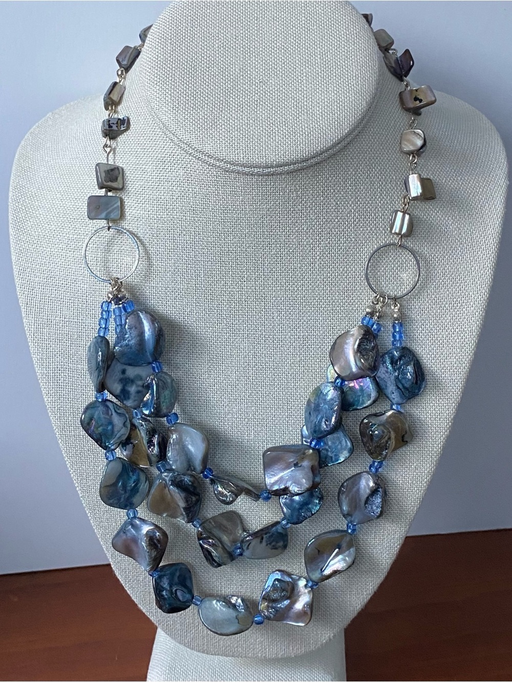 Abalone Necklace 3 Strand Mother of Pearl Blue Beads Silver Tone